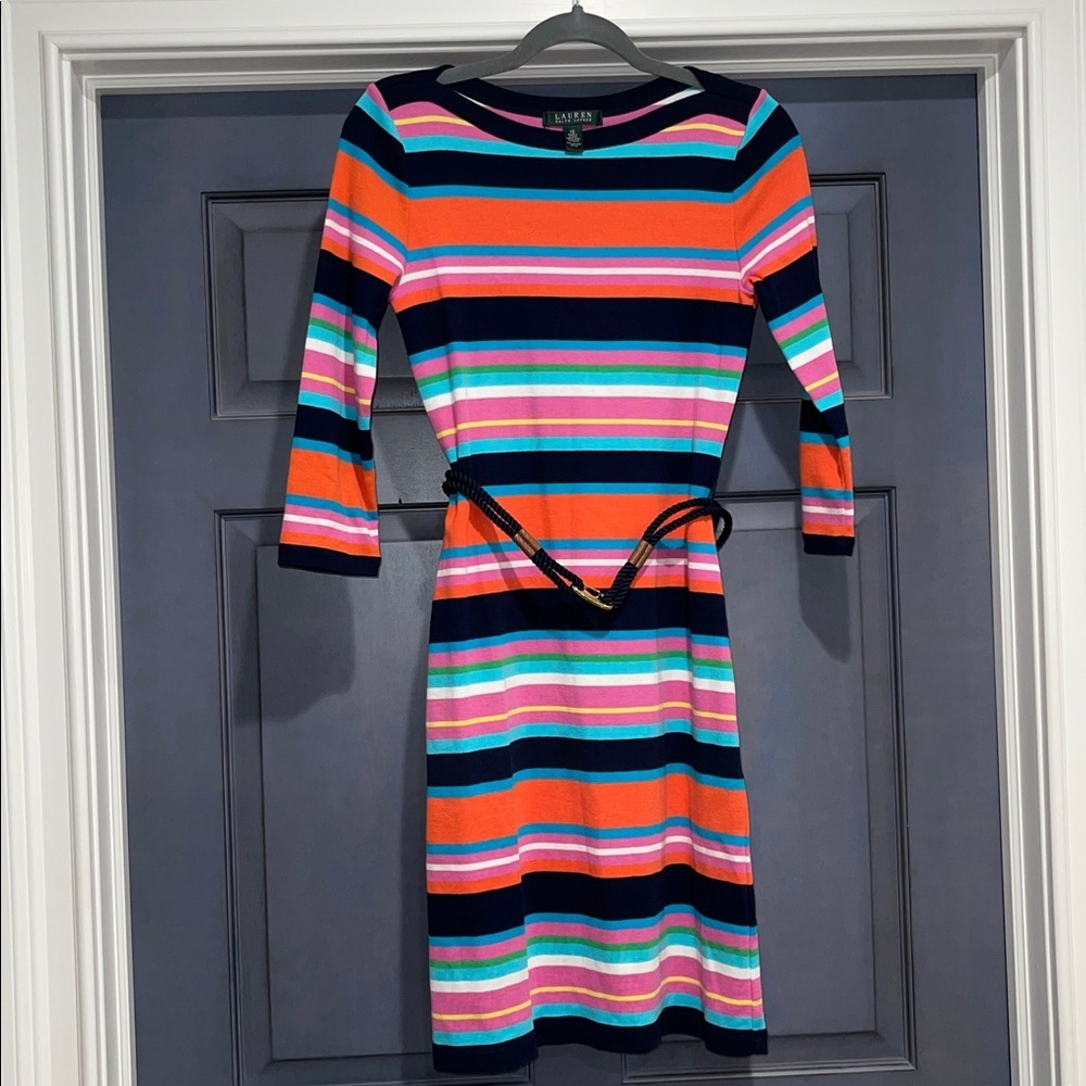 Lauren Ralph Lauren  Multicolor Striped Midi Sleeve Dress Size XS with belt - Picture 3 of 8